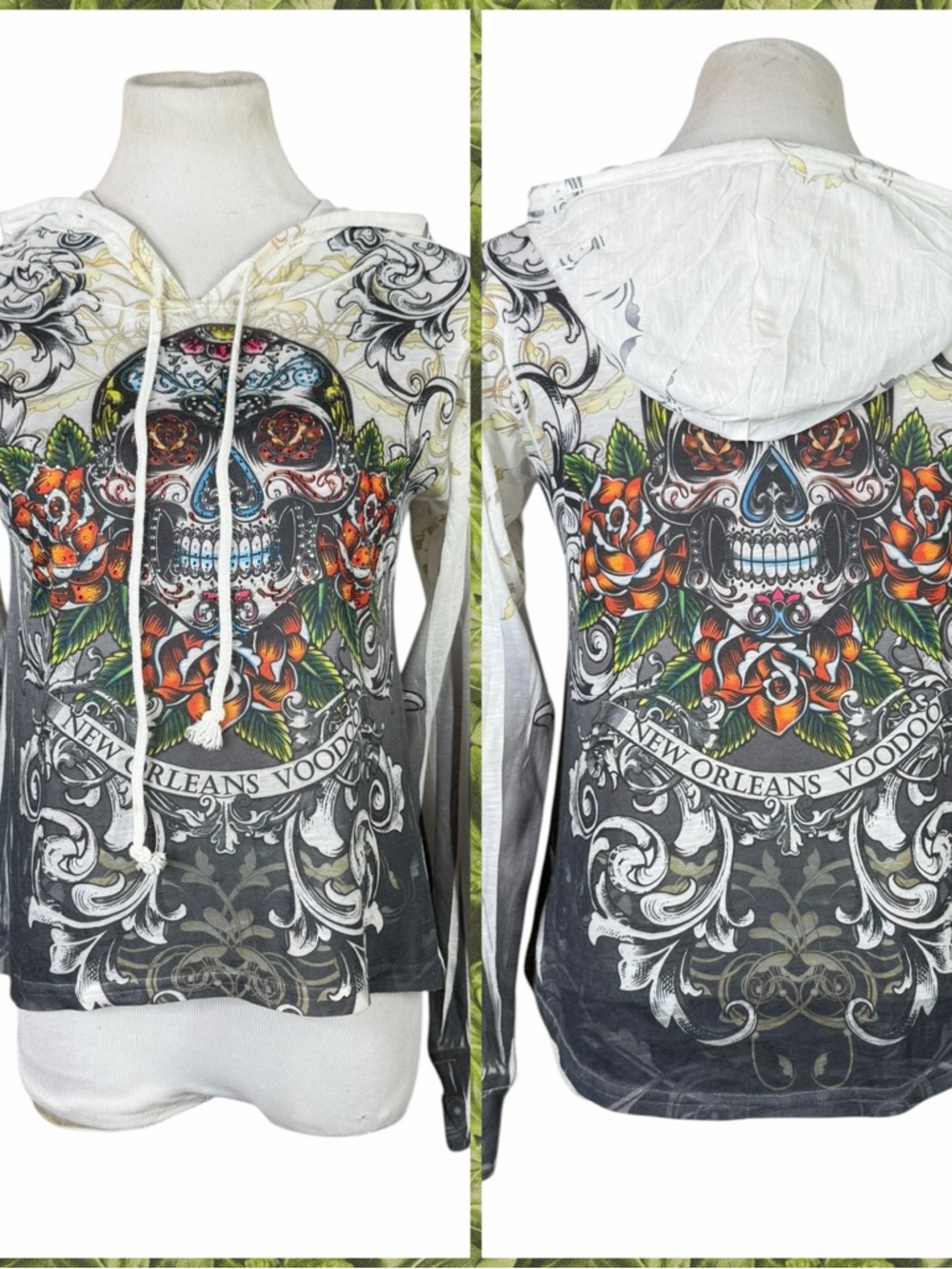 Davina White/Gray Multicolor Sequin Sugar Skull NEW ORLEANS VOODOO LS Hoodie - M